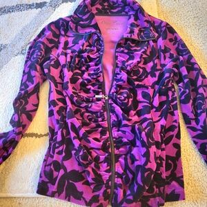 Velour Long Sleeve Purple Floral Jacket With Zipper